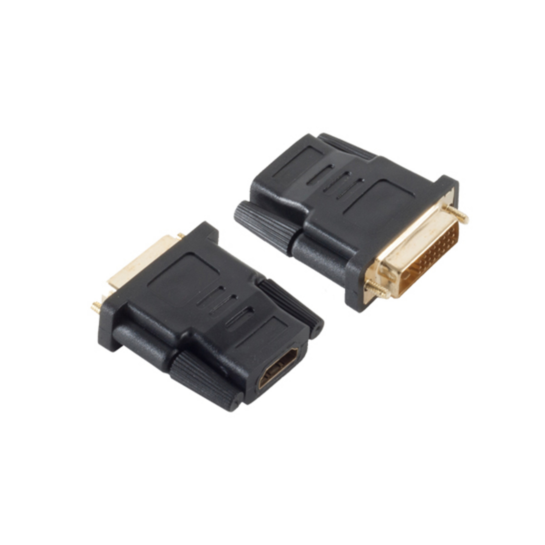 Zwei schwarze HDMI-zu-DVI-Adapter. Sie sind auf weißem Grund.