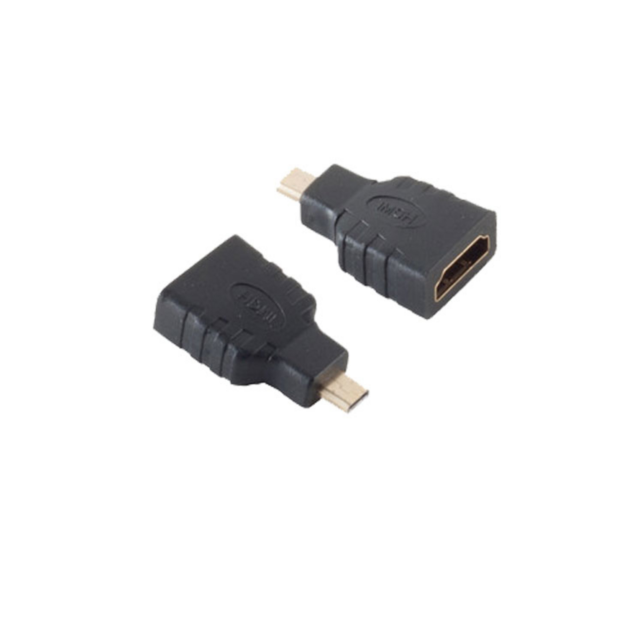 Zwei schwarze HDMI-Adapter mit einem Micro-HDMI-Anschluss und einem HDMI-Anschluss.
