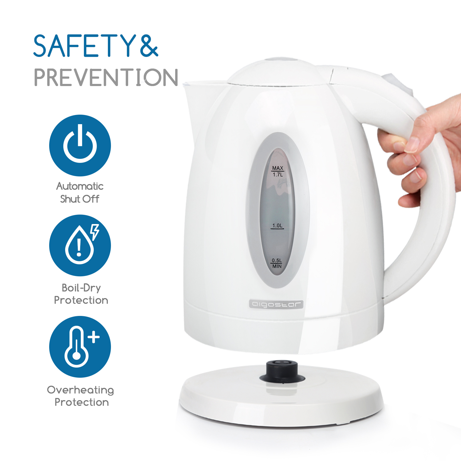 Un bollitore elettrico bianco con icone di sicurezza: spegnimento automatico, protezione contro l'ebollizione a secco, surriscaldamento.