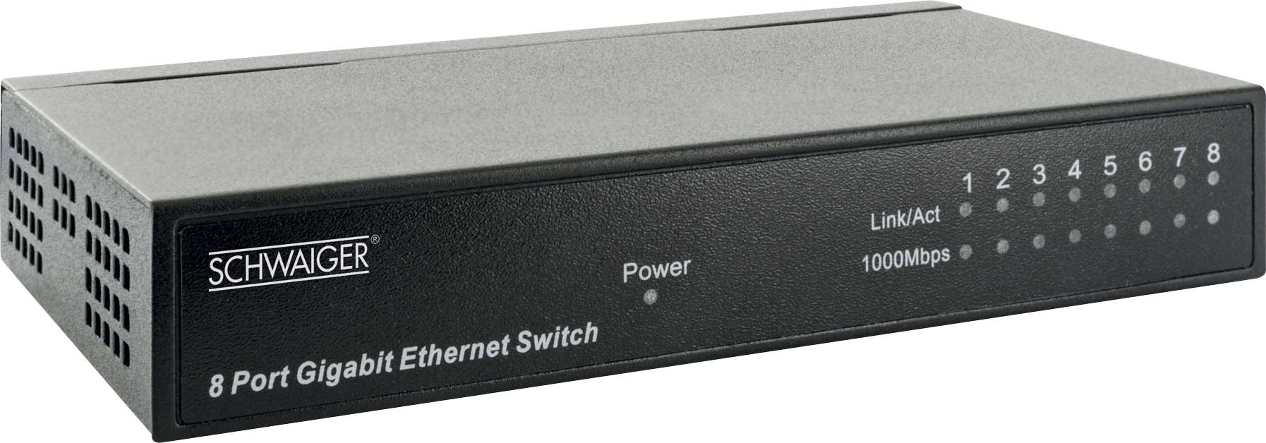 Ein schwarzer 8-Port Gigabit Ethernet Switch mit Beschriftungen und Lichtern. Der Markenname ist SCHWAIGER.