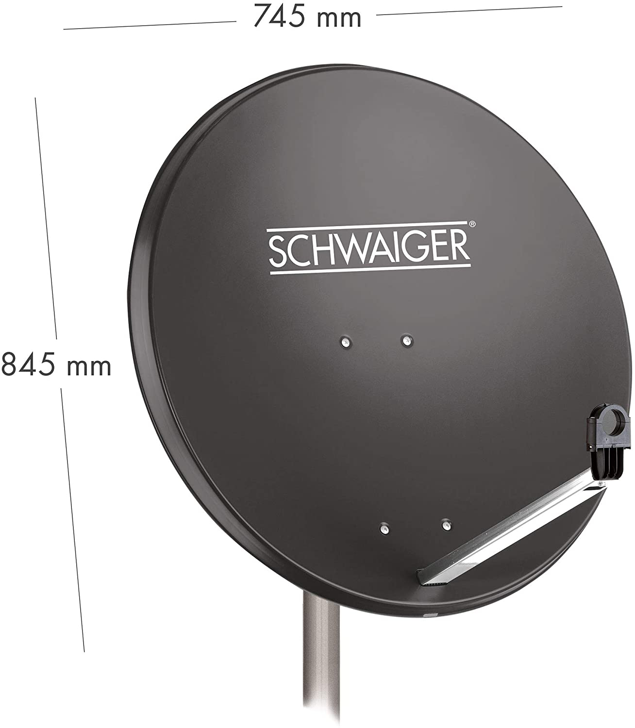 Eine schwarze Satellitenschüssel mit dem Markennamen 'SCHWAIGER'. Hat einen Tragarm und Abmessungen.
