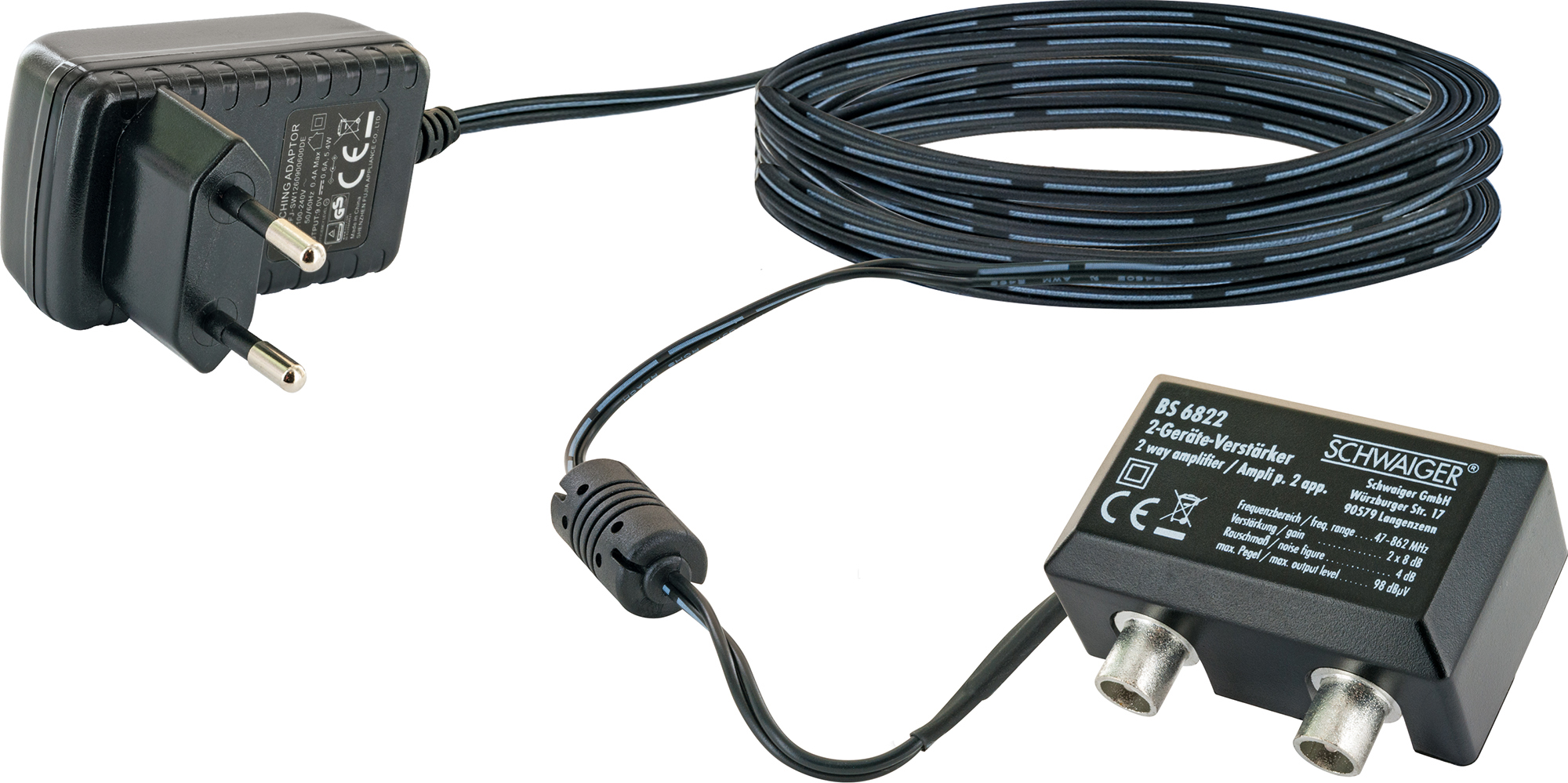 Ein schwarzer Verstärker und ein Netzteil mit einem Kabel, das mit dem Verstärker verbunden ist.