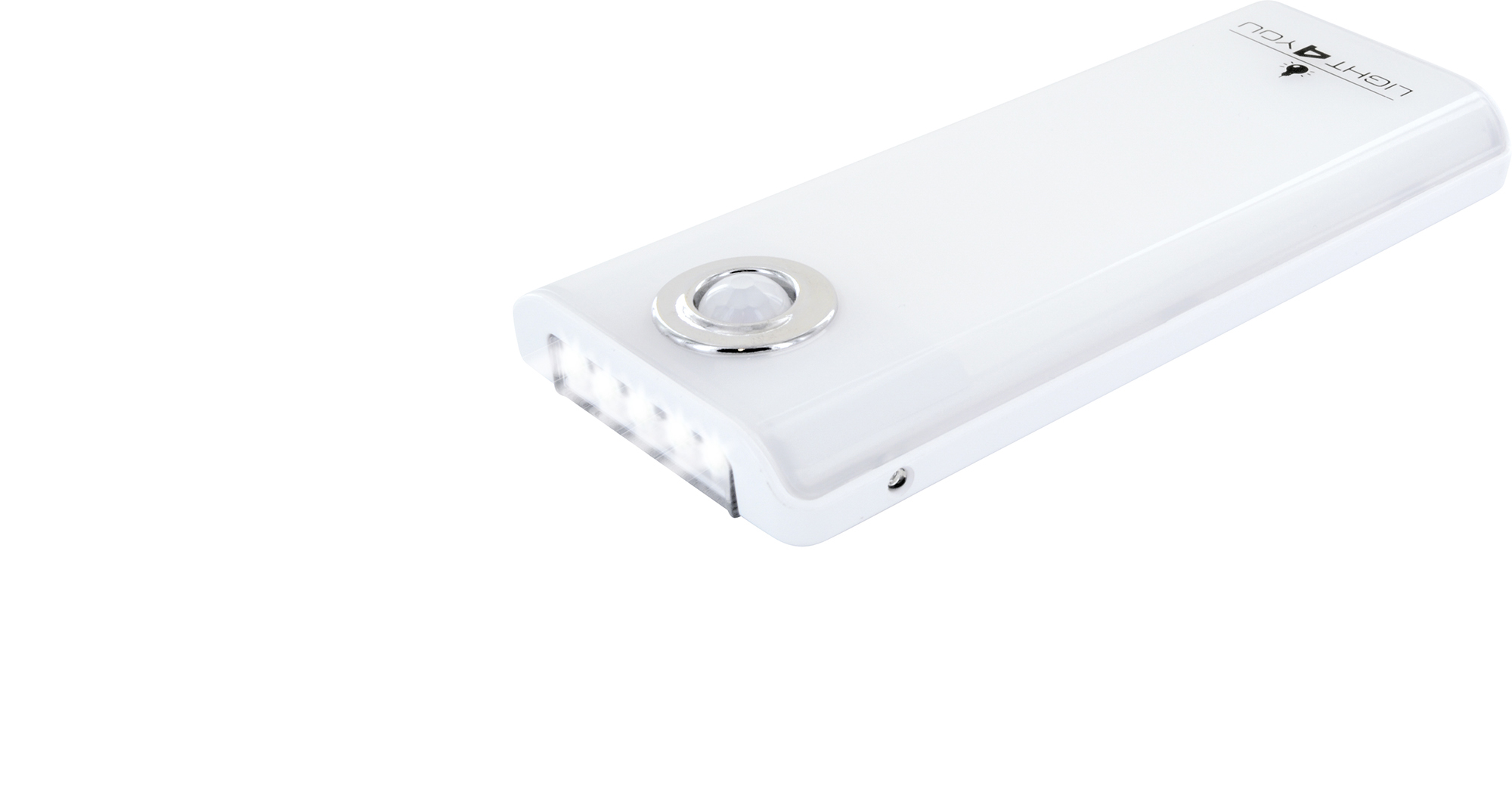 Weißes rechteckiges LED-Licht mit Sensor und Markenlogo.