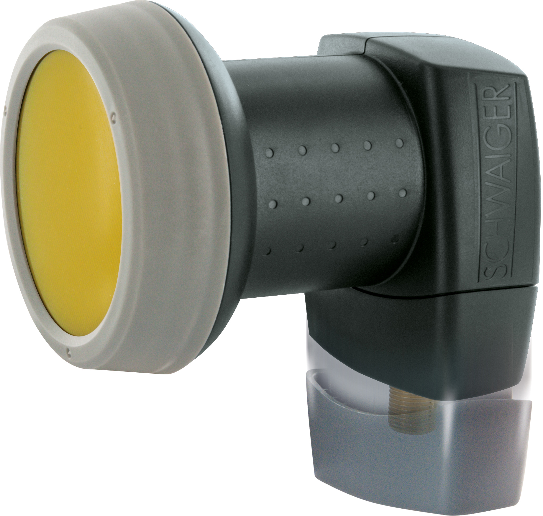 Ein schwarzes und graues Satelliten-LNB mit gelbem Innenraum.