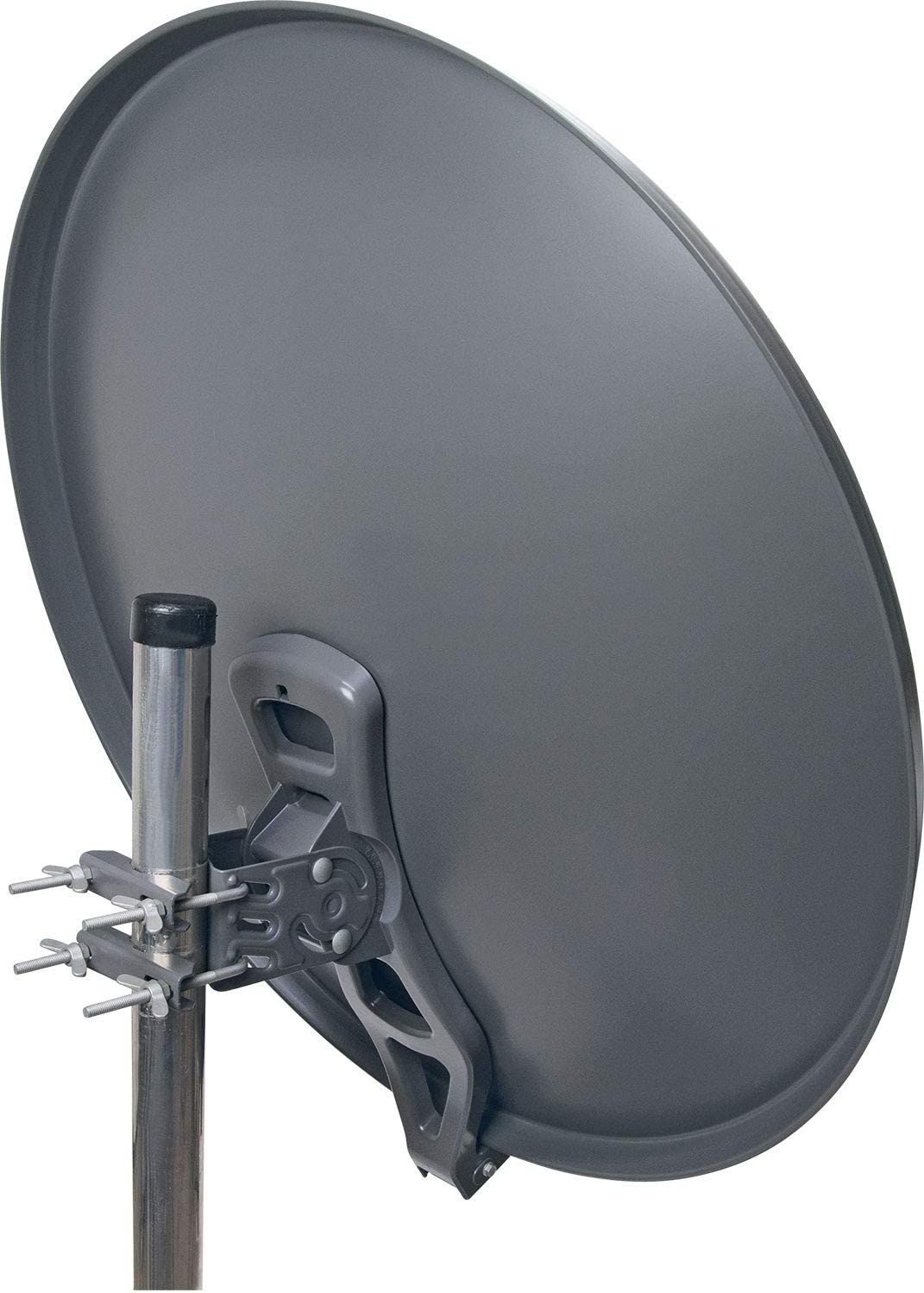 Eine graue Satellitenschüssel, montiert auf einer Stange mit einem Tragarm und Befestigungsmaterial.