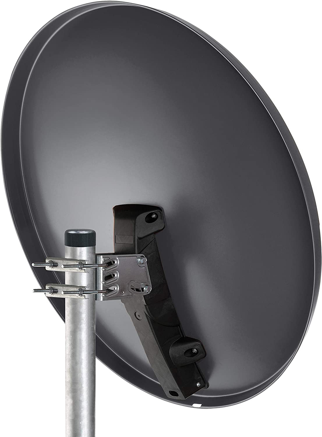 Schwarze Satellitenschüssel. Grauer Mast und Befestigungshardware.