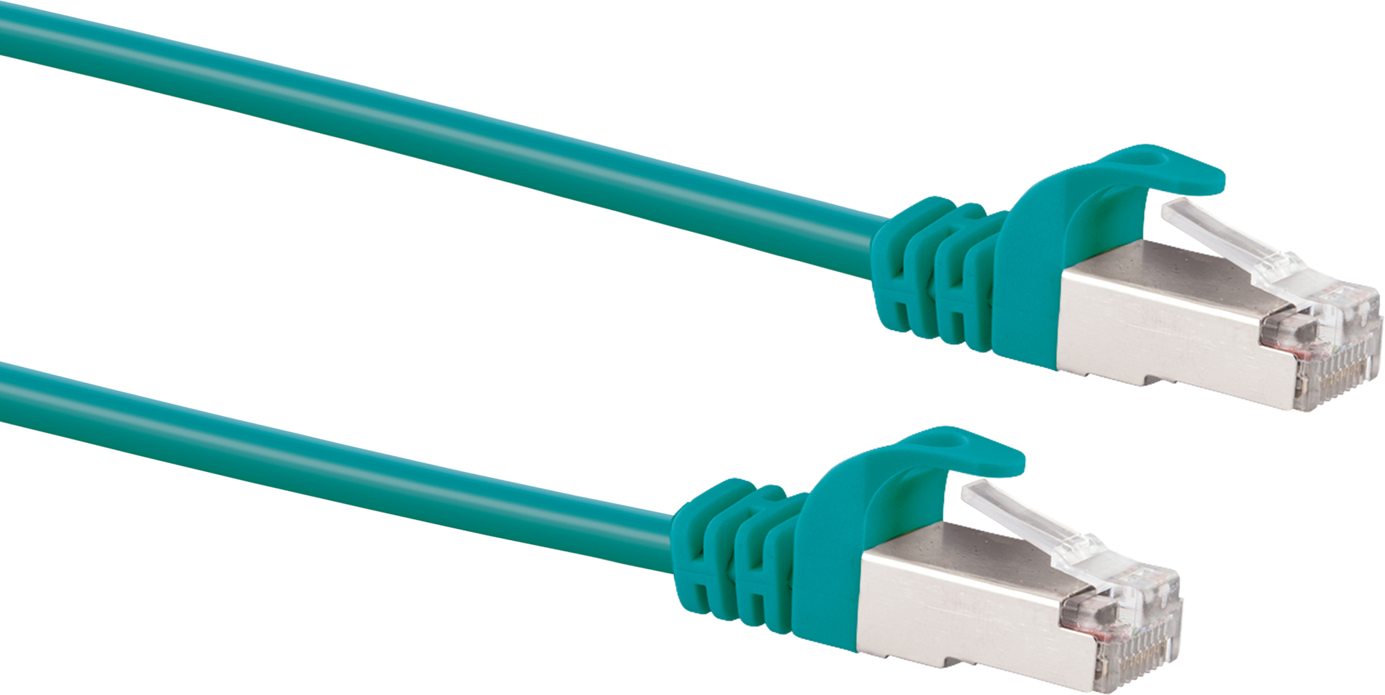 Türkisfarbenes Netzwerkkabel mit türkisfarbenen Steckern, weißer Hintergrund.
