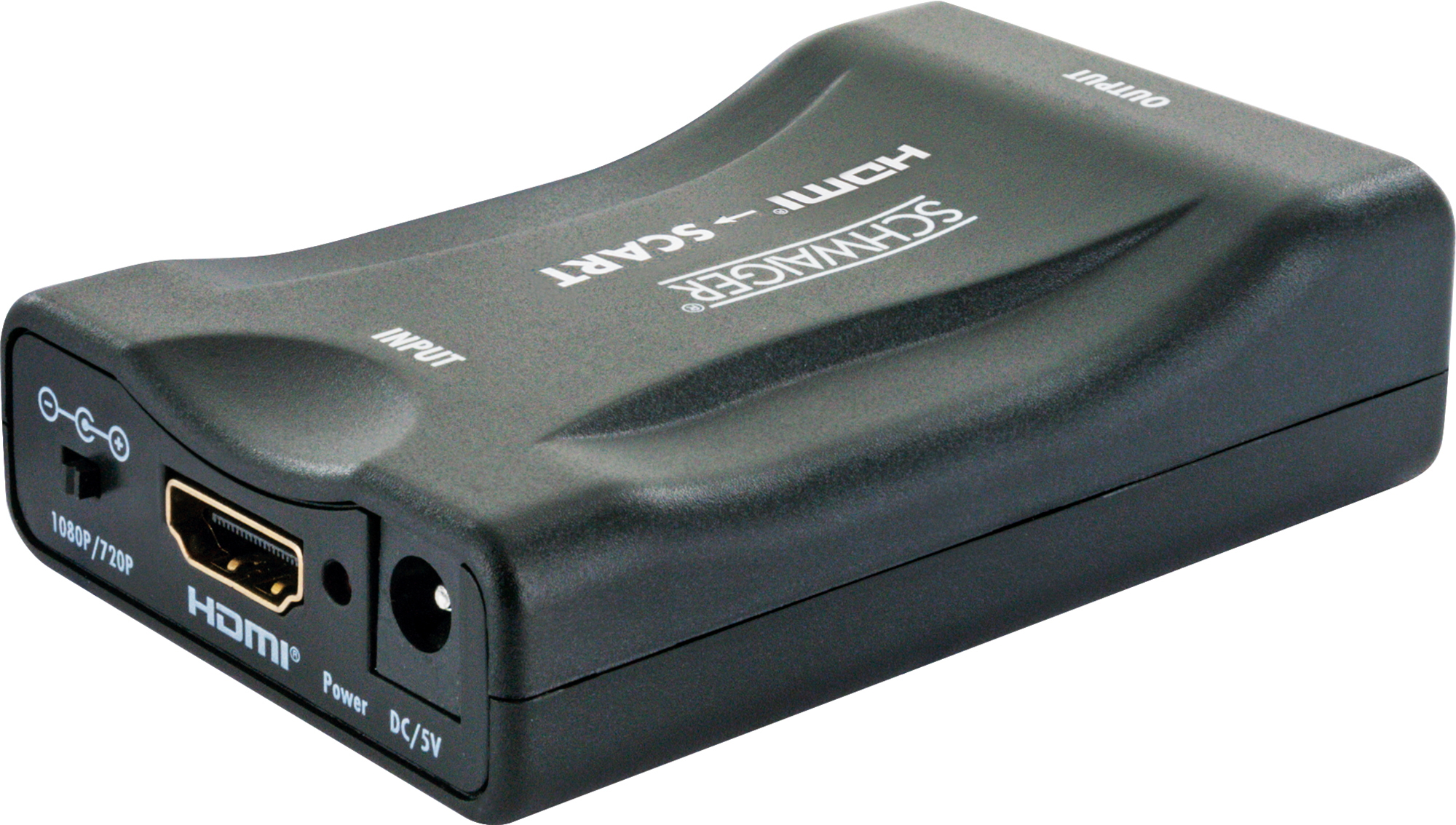 Schwarzer HDMI-zu-SCART-Adapter, mit Eingangs- und Ausgangsanschlüssen, weißer Hintergrund.