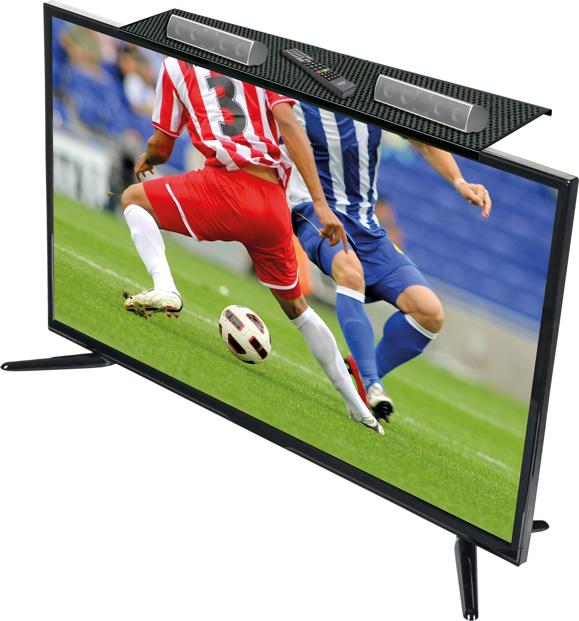 Fernseher, der ein Fußballspiel zeigt, mit einem schwarzen Regal darüber, das Lautsprecher und eine Fernbedienung hält.