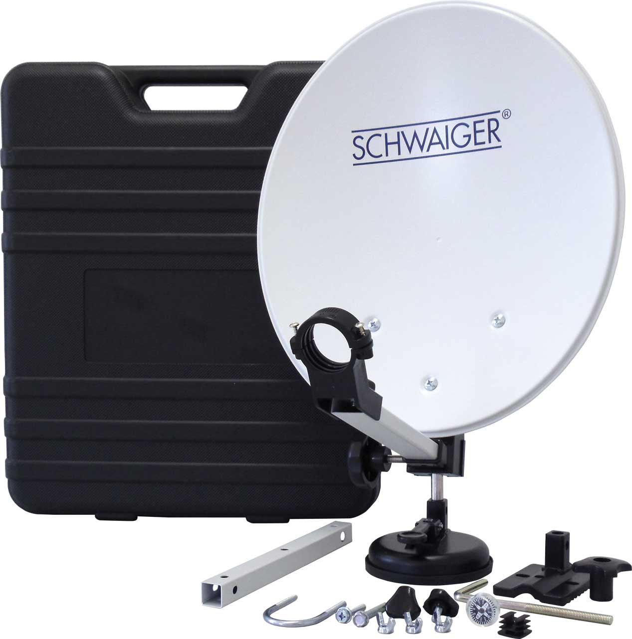 Weiße Satellitenschüssel mit schwarzem Koffer und Montagezubehör. Der Schüssel hat Markennamen.