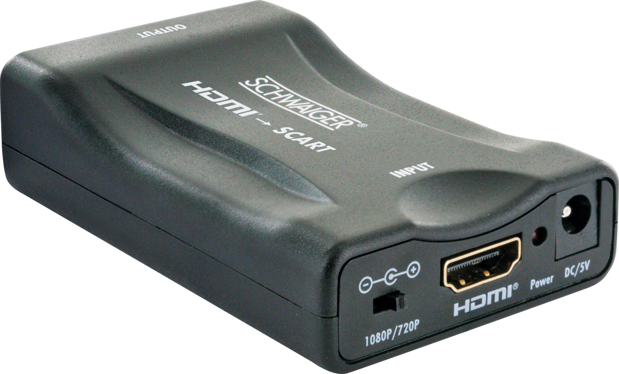Schwarzer HDMI-zu-SCART-Adapter mit Eingangs- und Ausgangsanschlüssen sowie einem DC 5V-Stromanschluss.
