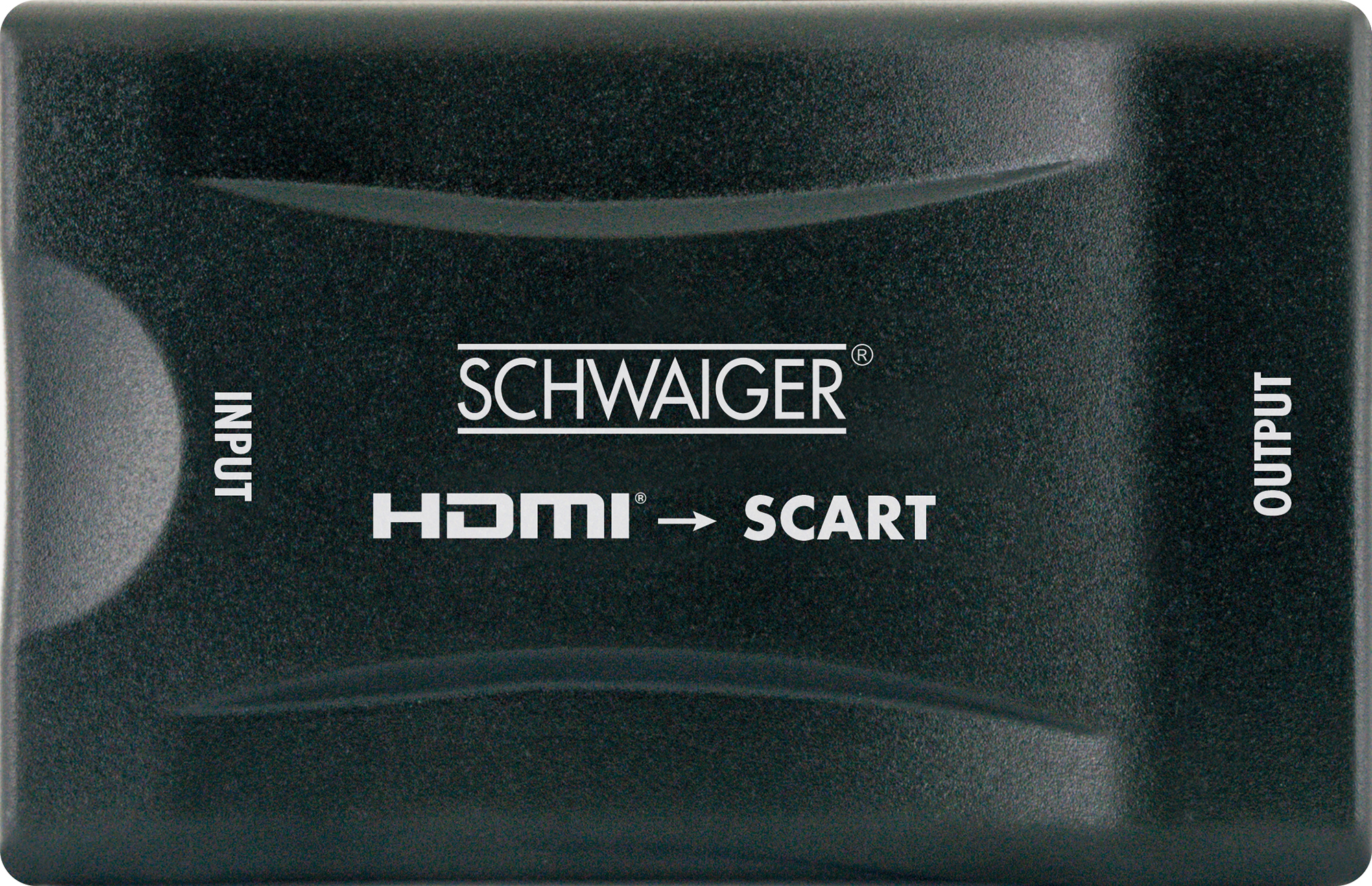 Schwarzer HDMI-zu-SCART-Konverter mit weißem Text und Pfeilen.