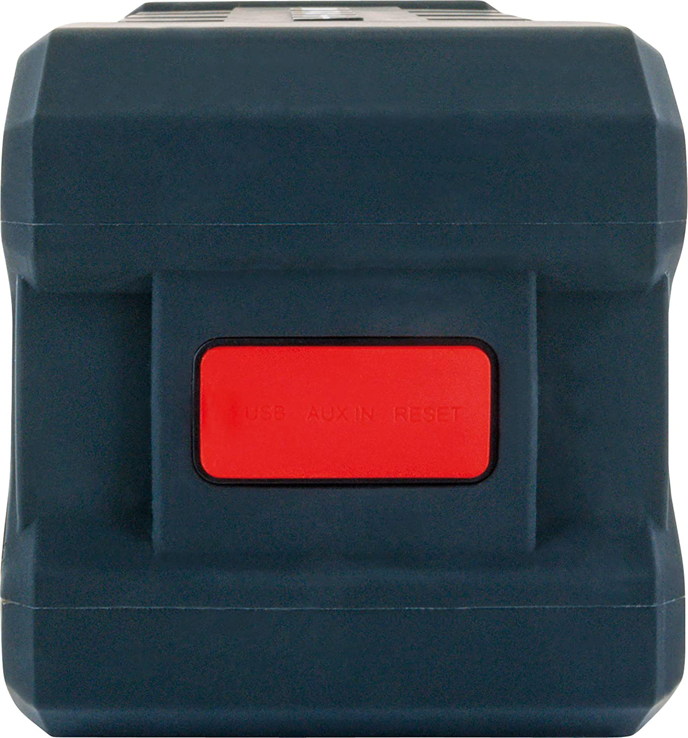 Nahaufnahme eines blau-grauen Lautsprechers mit roten Tasten mit der Aufschrift USB, AUX IN, RESET.