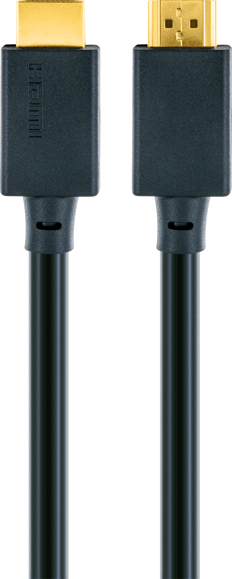 Zwei schwarze HDMI-Kabel mit goldfarbenen Steckern, vertikal vor weißem Hintergrund positioniert.