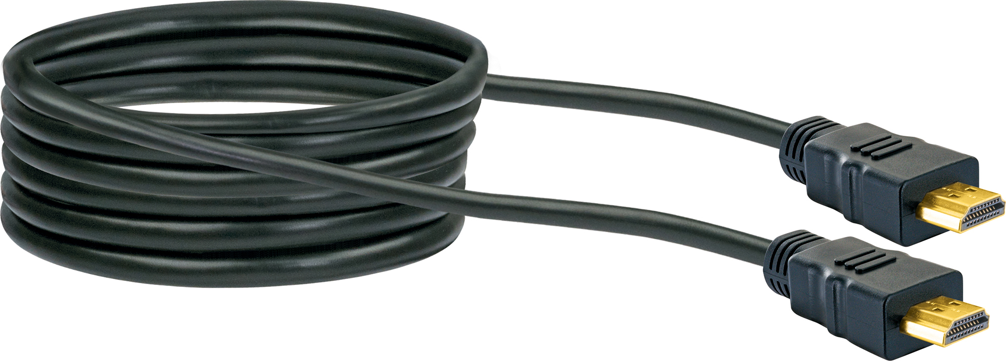 Ein schwarzes HDMI-Kabel, aufgerollt, mit zwei Steckern an jedem Ende.