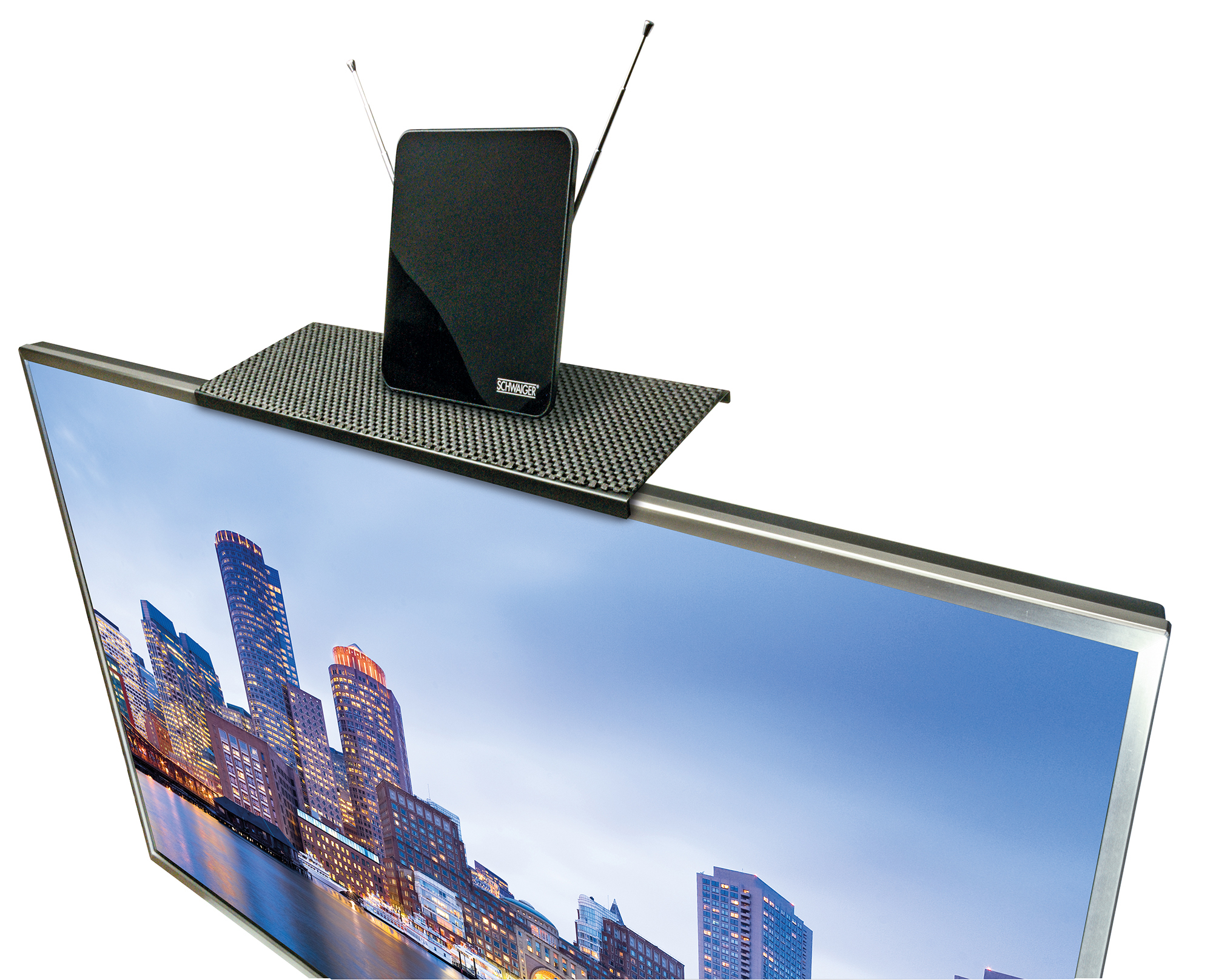 Fernseher mit Antenne oben. Zeigt eine Stadtlandschaft. Die Antenne ist schwarz.