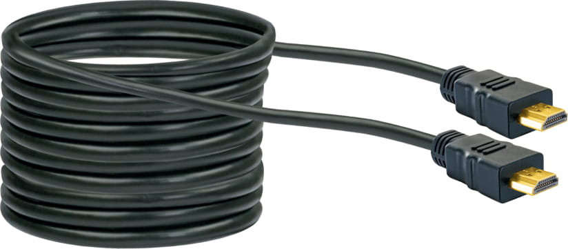 Schwarzes HDMI-Kabel, aufgerollt. Zwei schwarze Stecker mit goldfarbenen Spitzen sind sichtbar.