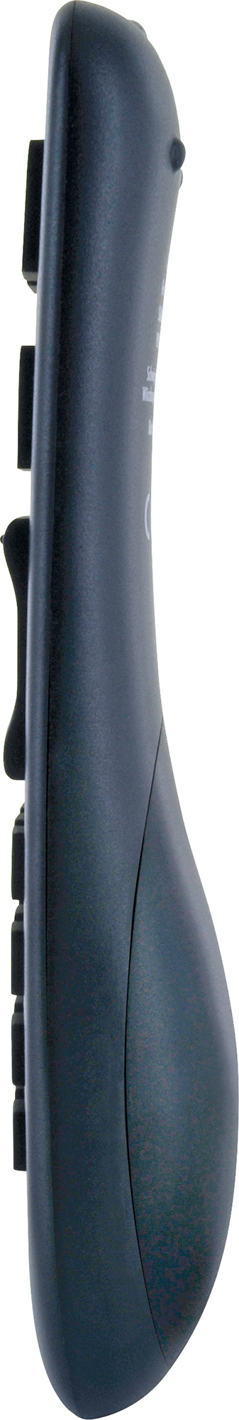 Czarny pilot z przyciskami i zakrzywionym designem.