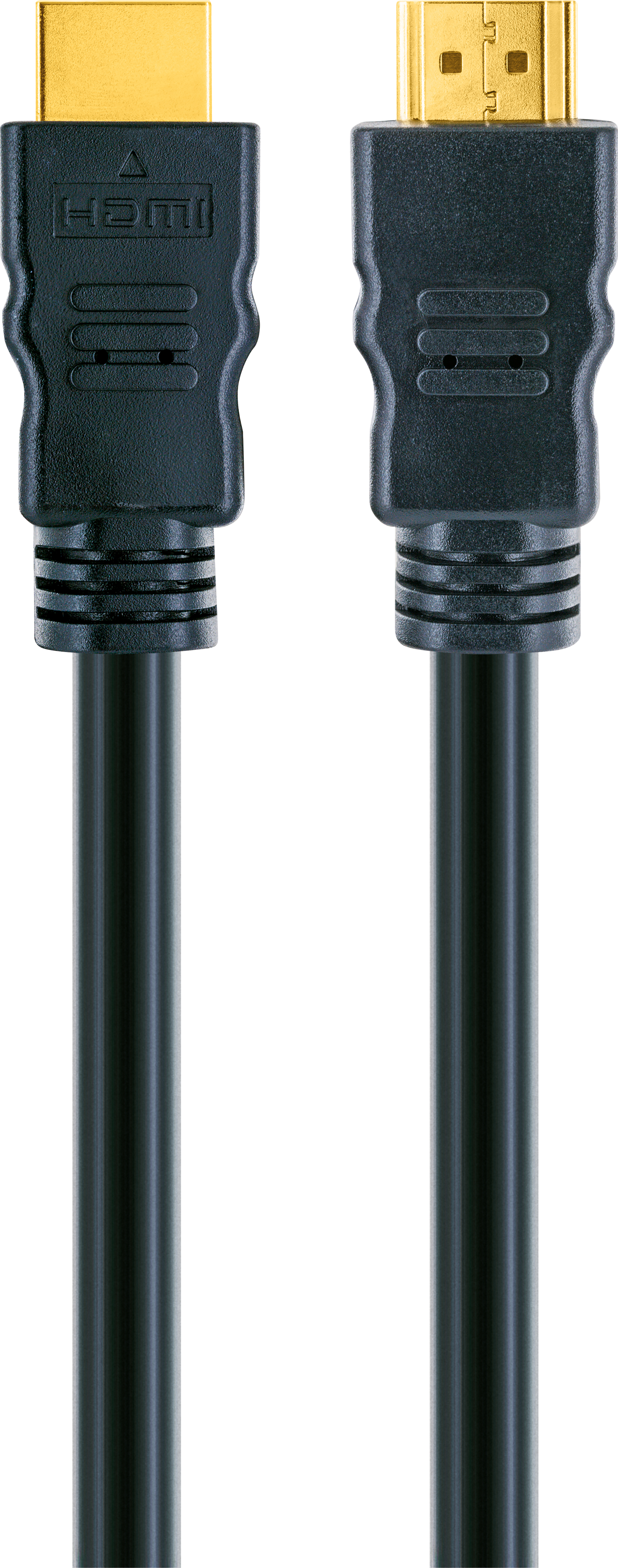 Zwei schwarze HDMI-Kabel nebeneinander. Goldene Stecker, schwarze Kabel. Weißer Hintergrund.