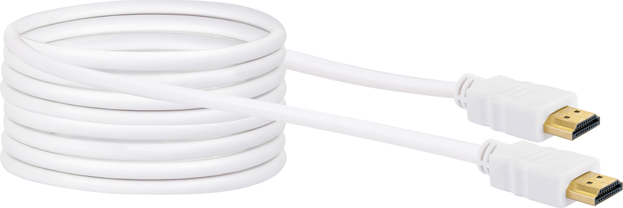 Ein aufgerolltes weißes HDMI-Kabel mit goldenen Steckern. Kabel und Stecker sind weiß.