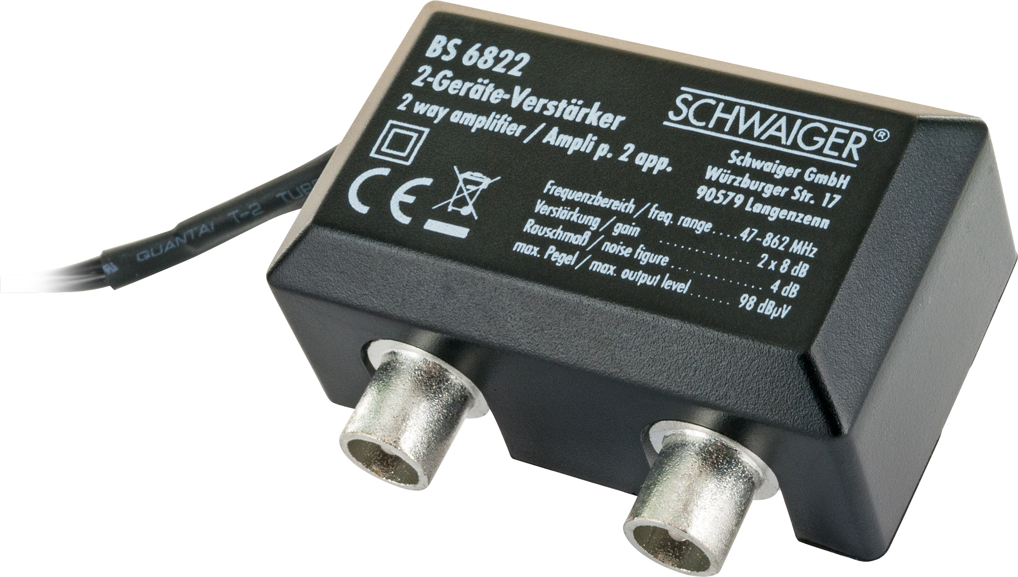 Schwarzer 2-Wege-Verstärker mit Anschlüssen und schwarzem Kabel.