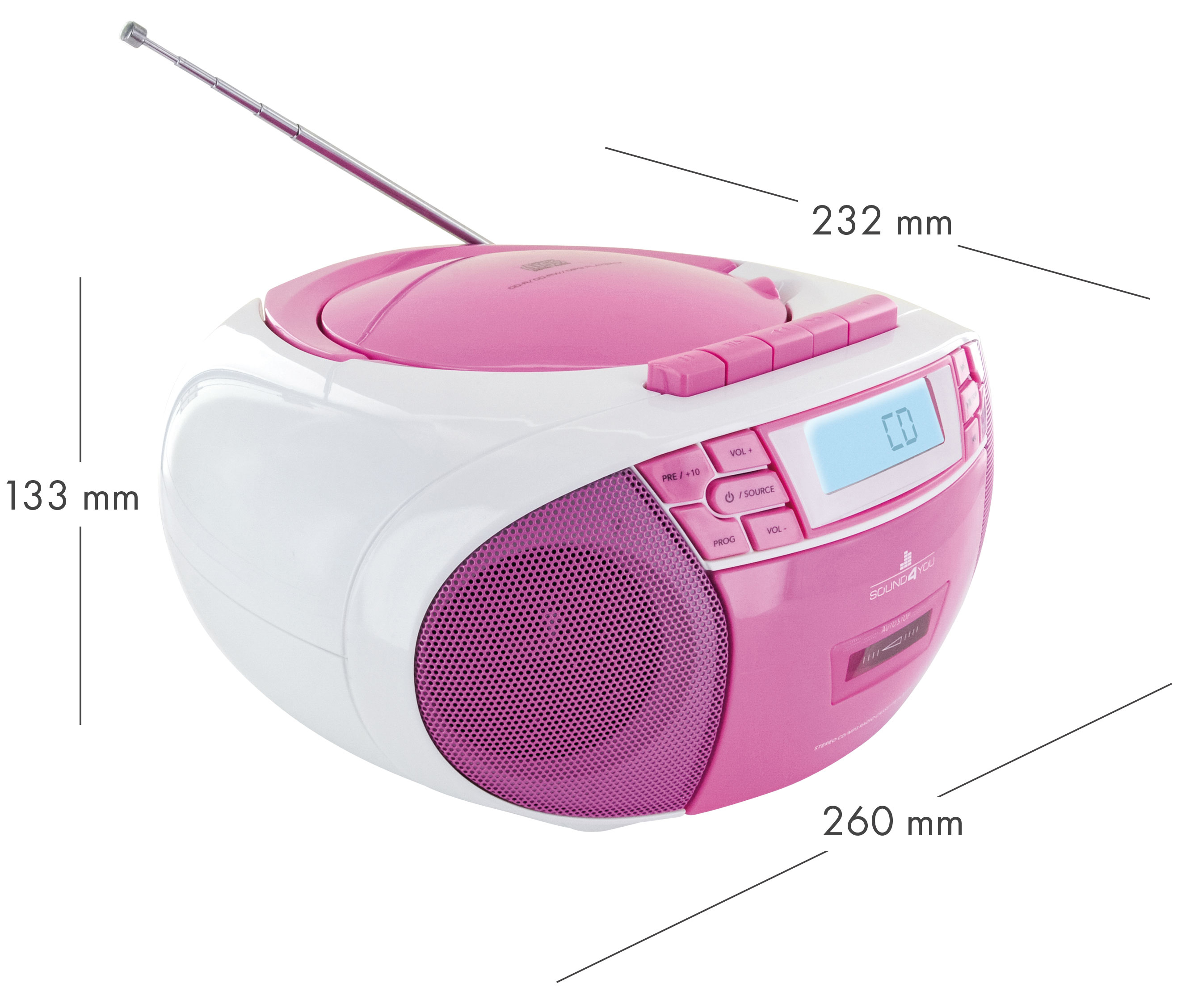 SCHWAIGER -661668- Tragbarer CD-Player Kassettendeck FM mit Radio, und Pink/Weiß