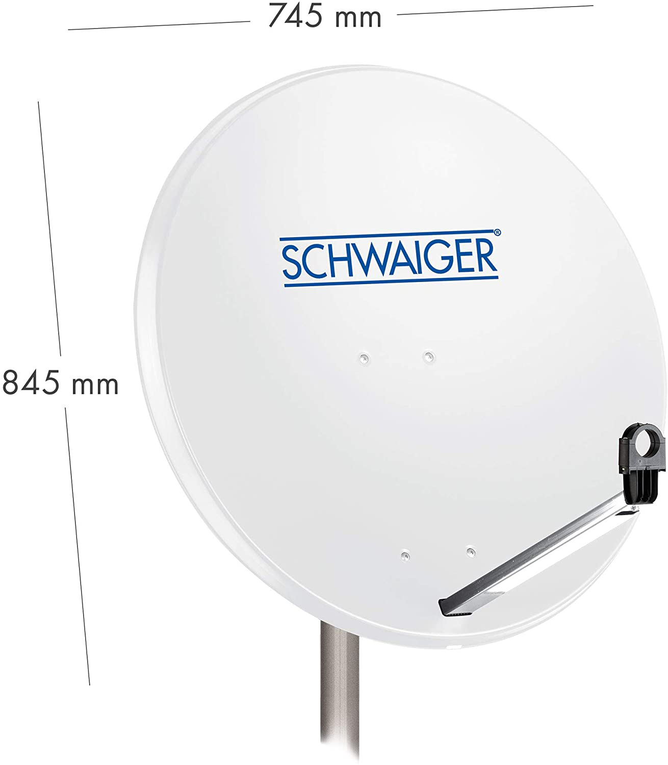 Eine weiße Satellitenschüssel mit schwarzem Arm, Maße in mm.