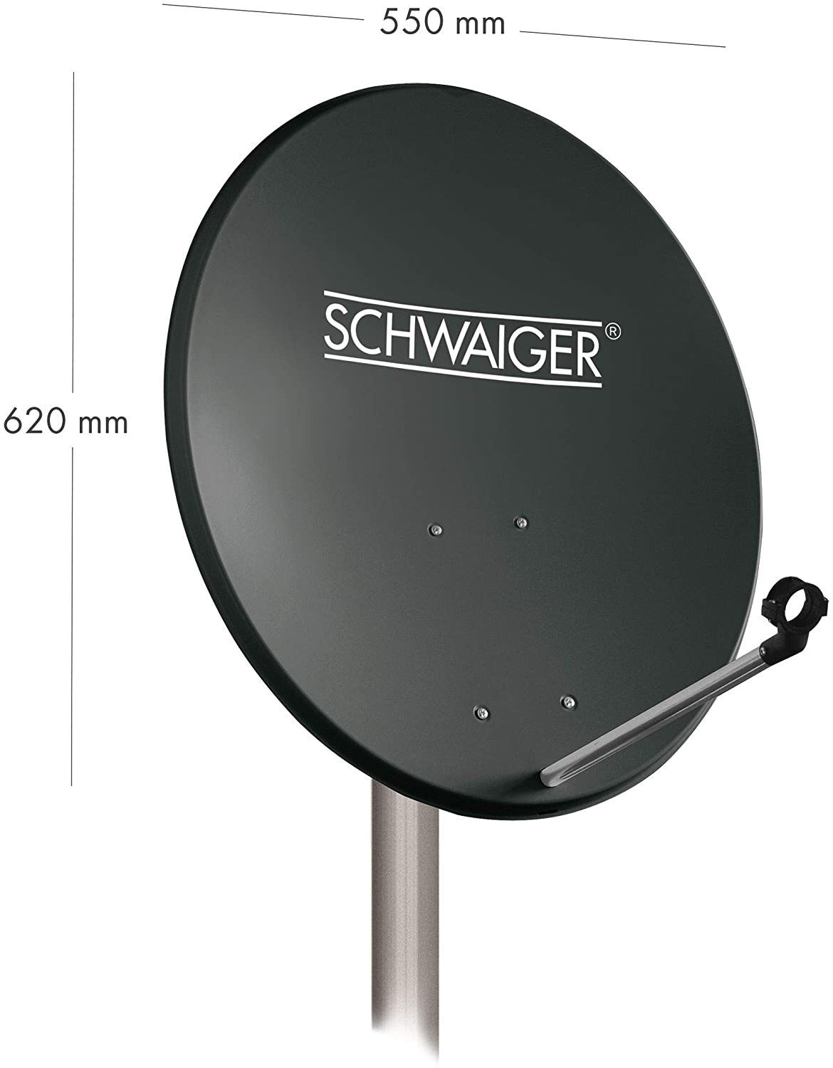 Eine schwarze Satellitenschüssel mit weißem SCHWAIGER-Text, an einem Mast montiert. Maße angegeben.