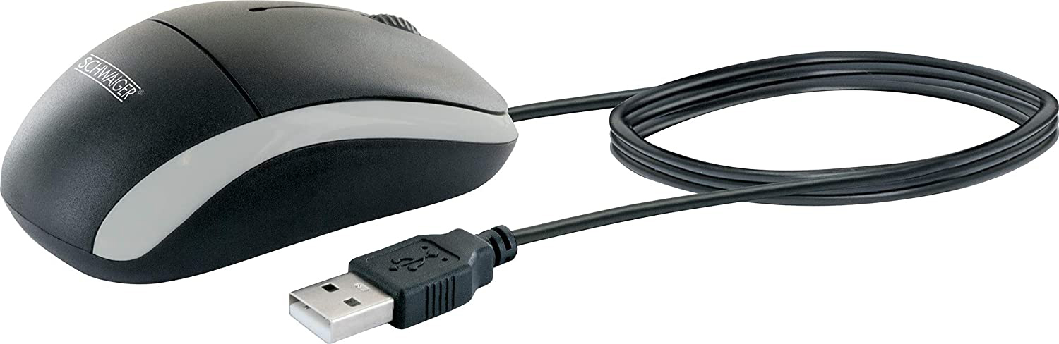Schwarze und graue Computermaus mit USB-Kabel.