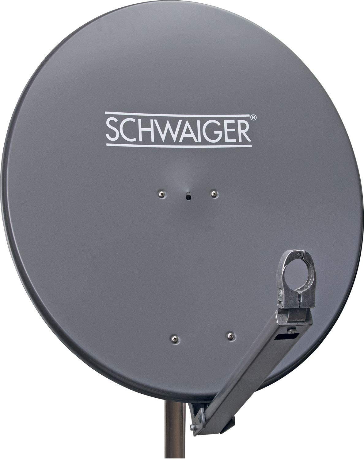 Eine graue Satellitenschüssel mit dem Wort SCHWAIGER darauf.