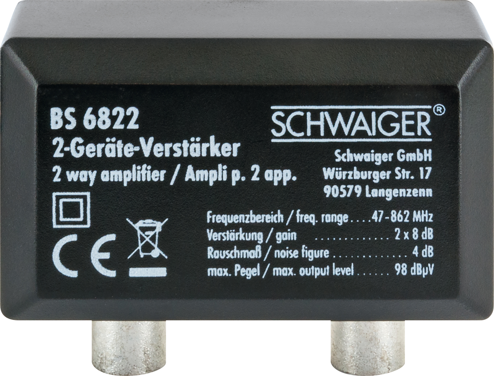 Ein schwarzer Verstärker mit weißem Text. Es hat zwei Ein- und Ausgänge für Kabel.