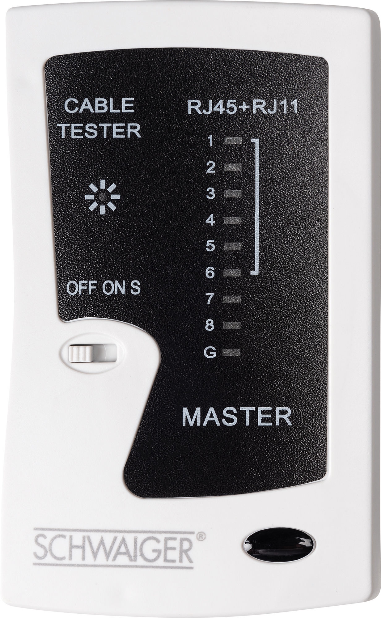 Weißer Kabeltester mit schwarzem Panel, das Lichter, RJ45+RJ11 und 'SCHWAIGER' anzeigt. Hat einen Ein/Aus-Schalter.
