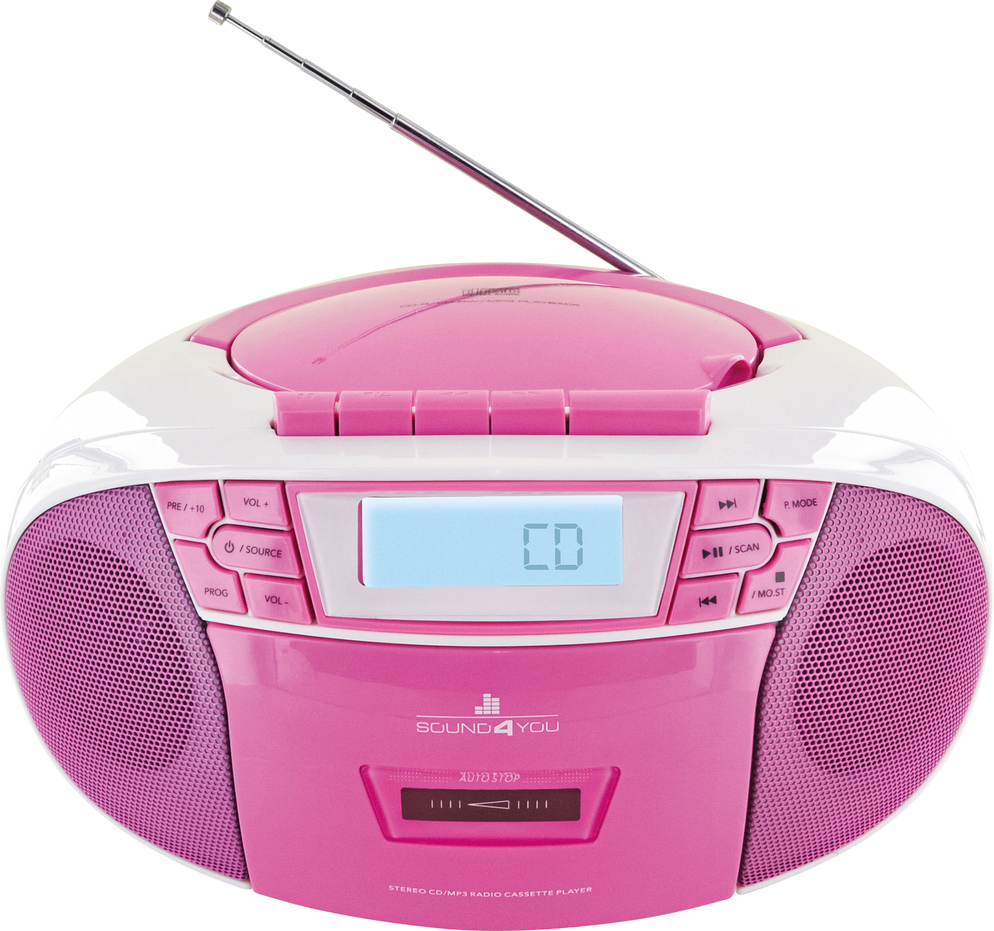 SCHWAIGER -661668- Tragbarer CD-Player mit Pink/Weiß Kassettendeck und FM Radio