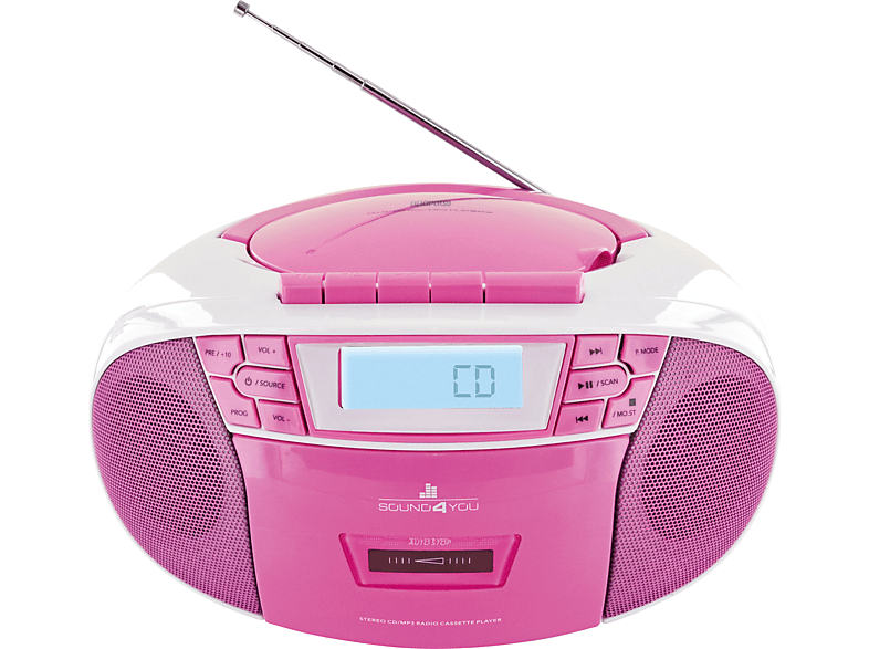 SCHWAIGER -661668- Tragbarer CD-Player mit Kassettendeck und FM Radio, Pink/Weiß