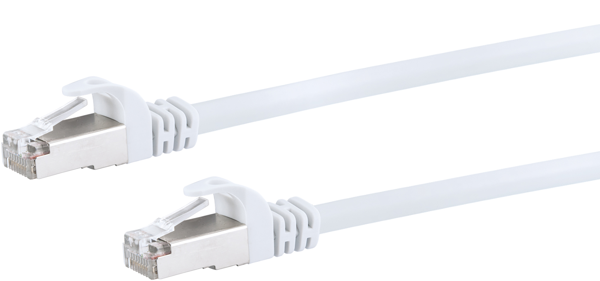 Due cavi Ethernet bianchi con connettori, su sfondo bianco.