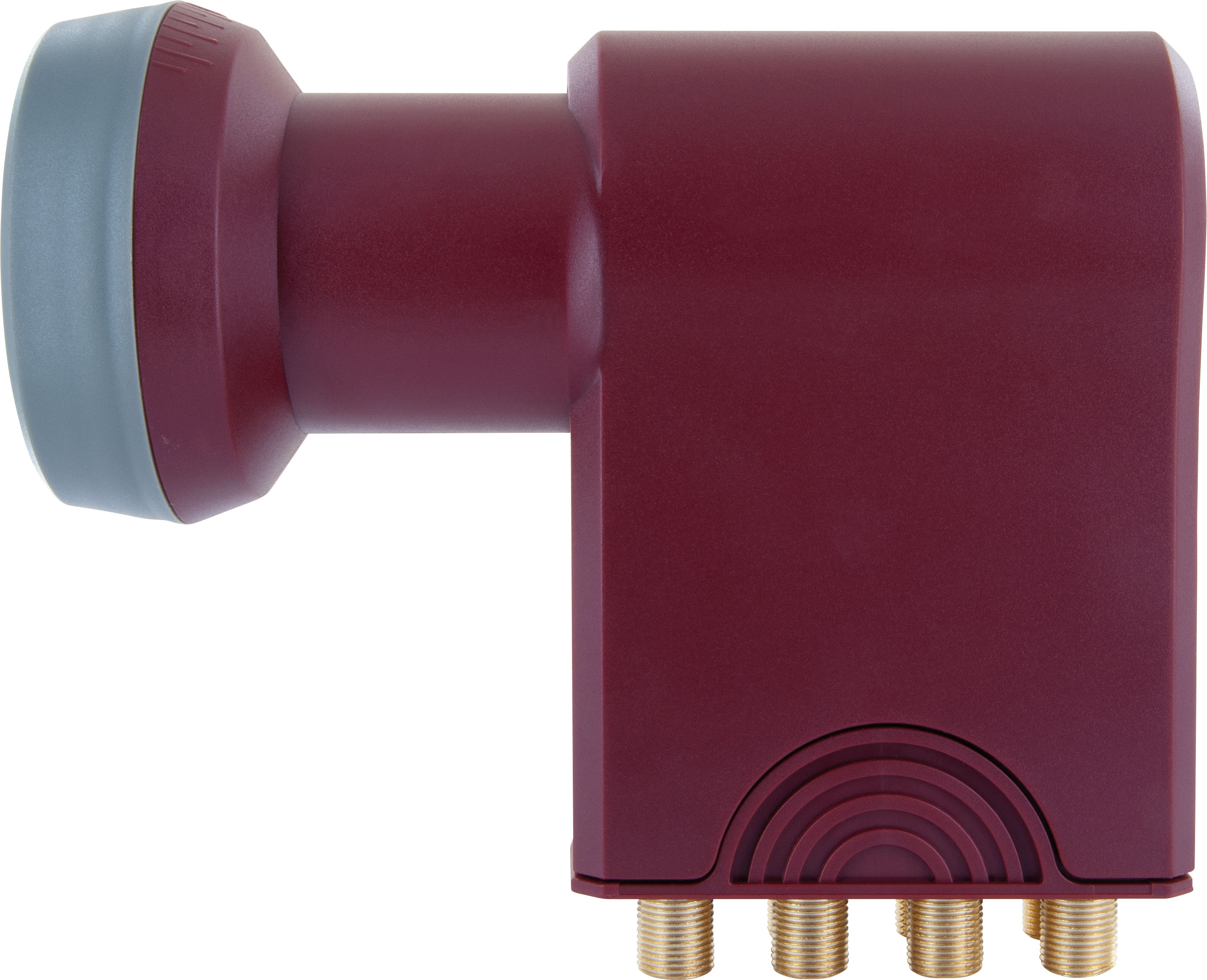 Ein weinrotes Satelliten-LNB mit vier F-Anschlüssen und einer grauen Kappe.