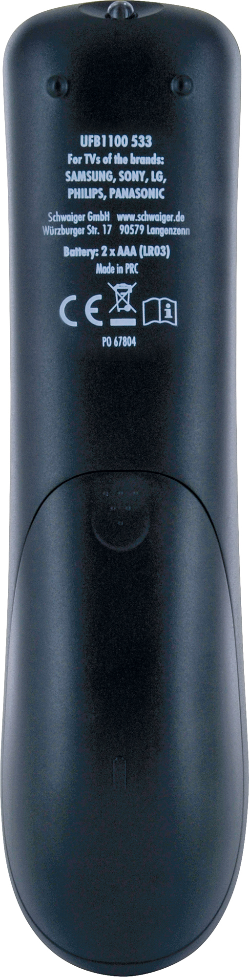 Czarny pilot z białym tekstem na odwrocie, wymieniający kompatybilne marki telewizorów.