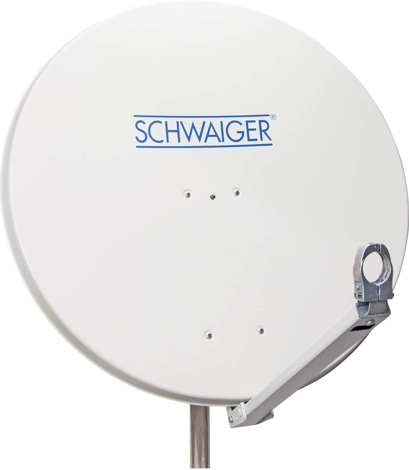 Weiße Satellitenschüssel mit Halterung und dem Wort 'SCHWAIGER' in Blau auf der Oberfläche.