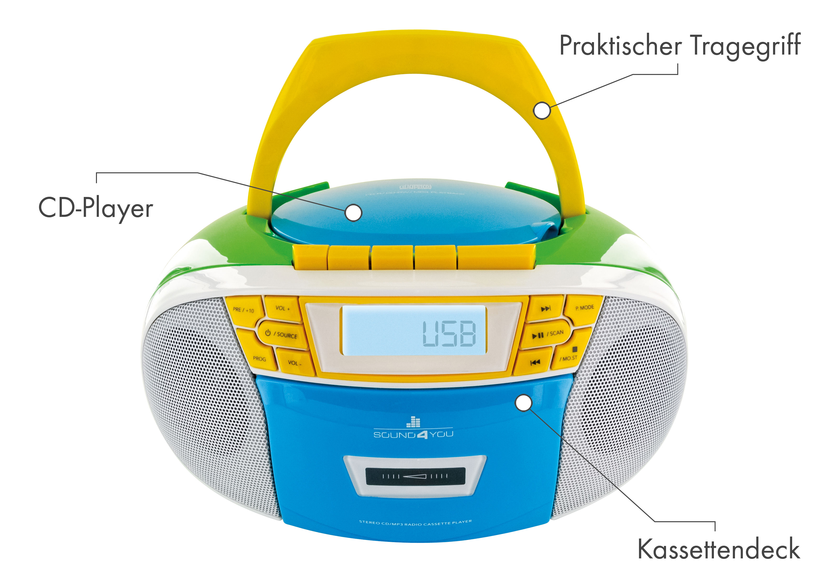 SCHWAIGER -661644- Tragbarer CD-Player mit Kassettendeck FM (Blau/Gelb/Grün/Weiß) und Radio, Bunt