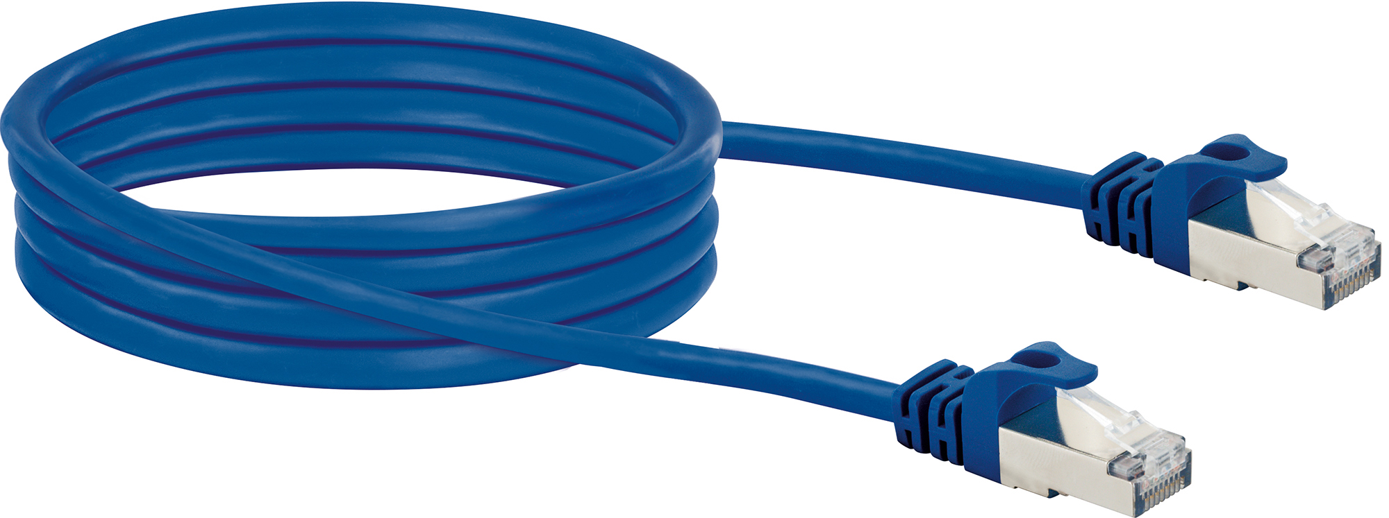 Un cavo Ethernet blu con connettori argentati, arrotolato.