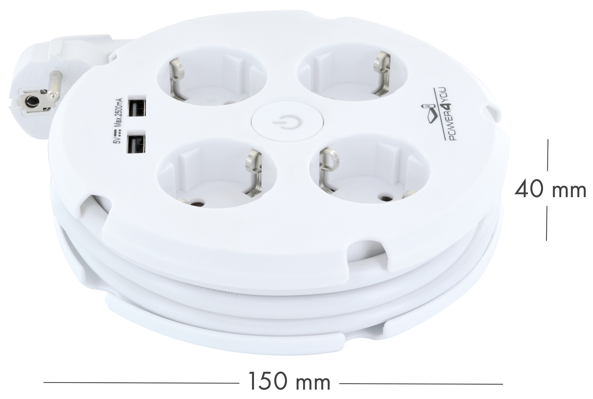 Weiße Steckdosenleiste mit vier Steckdosen, zwei USB-Anschlüssen und einem aufgerollten Kabel.