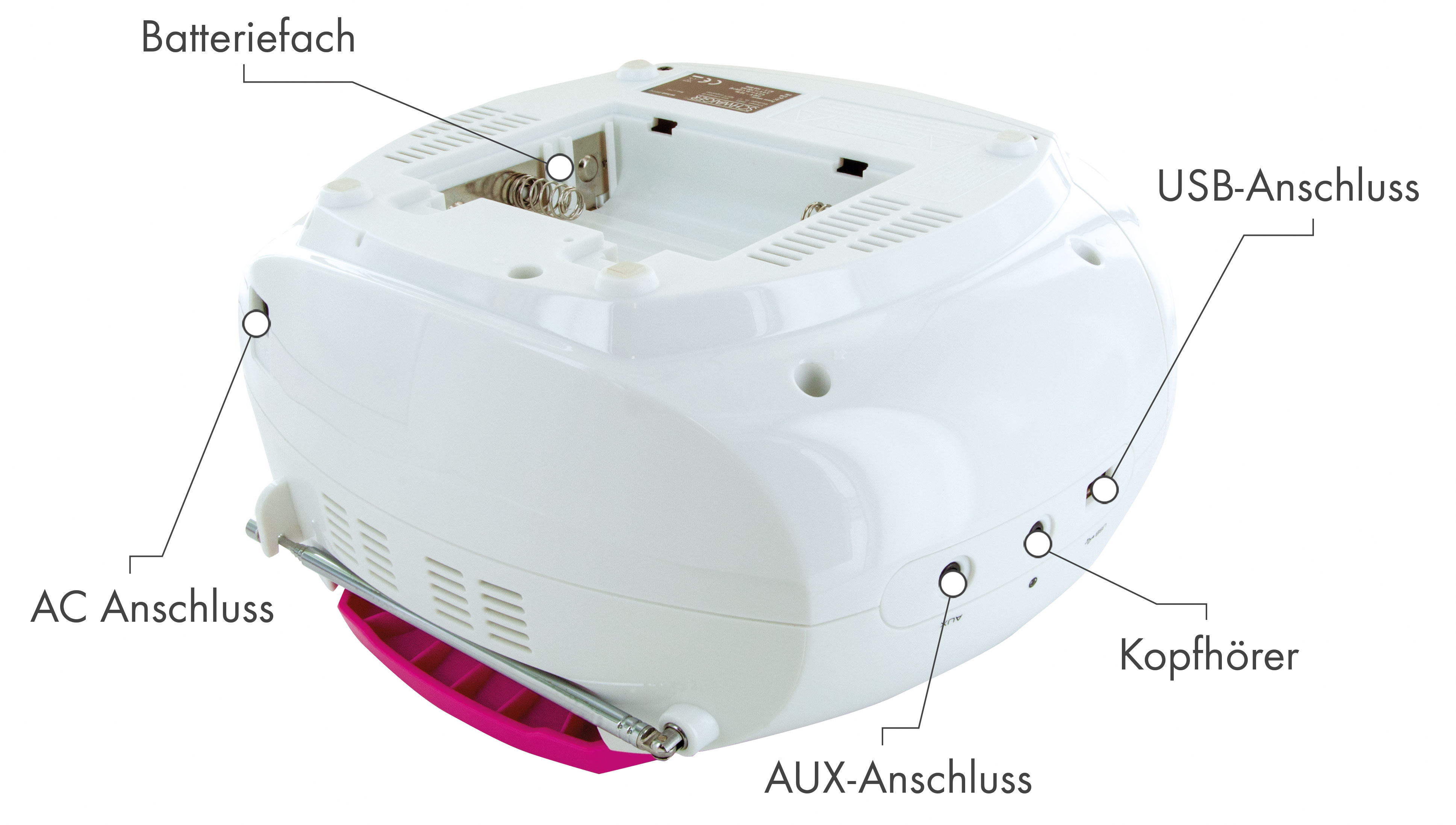 SCHWAIGER -661668- Tragbarer Radio, mit FM CD-Player und Kassettendeck Pink/Weiß