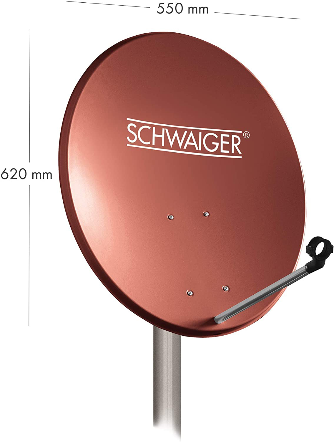 Eine Satellitenschüssel in Kupferfarbe, mit mm-Maßen und dem Namen 'SCHWAIGER'.