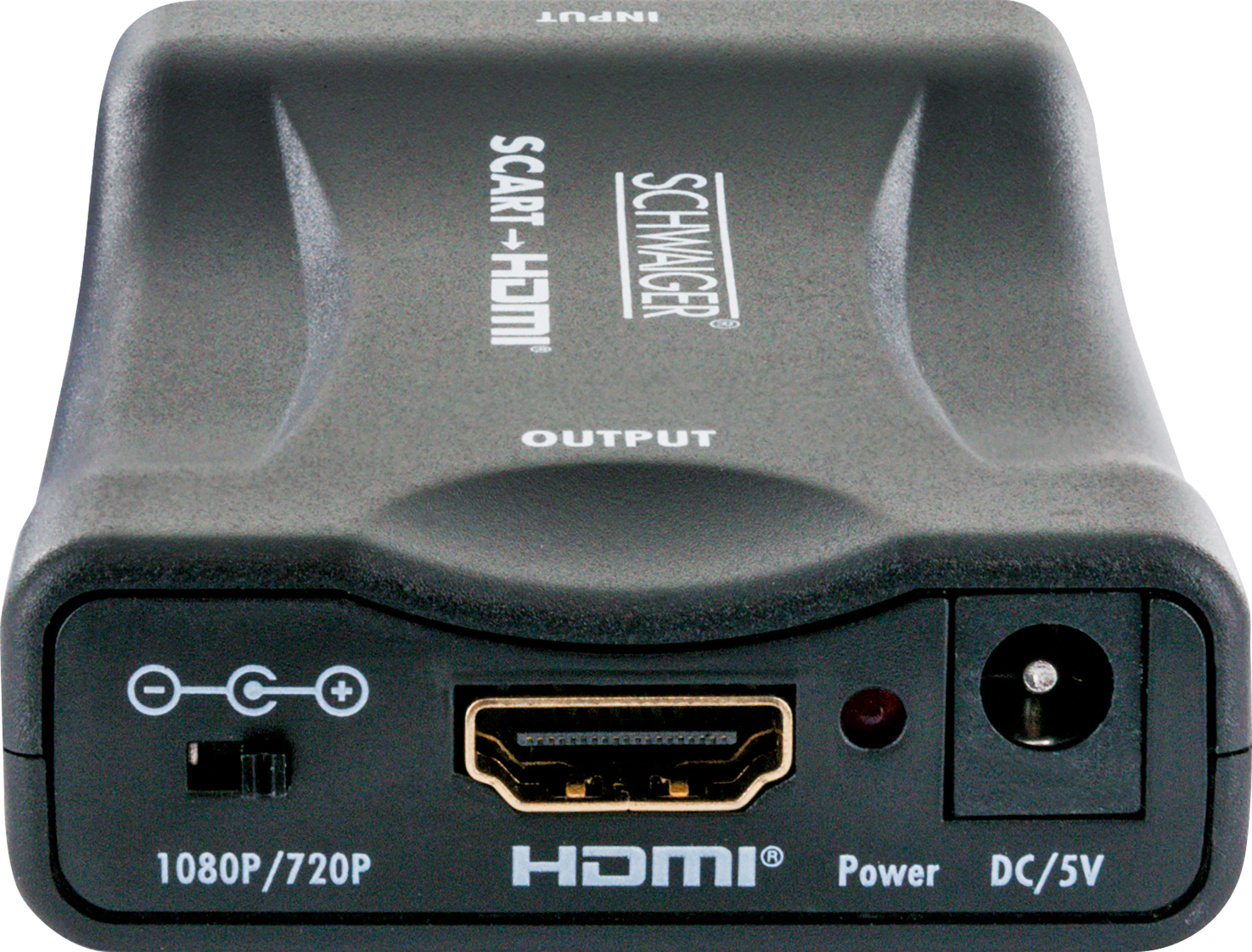Schwarzer Konverter mit HDMI- und SCART-Anschlüssen. Er hat einen Ausgang und Eingang. Unterstützt 1080P/720P.