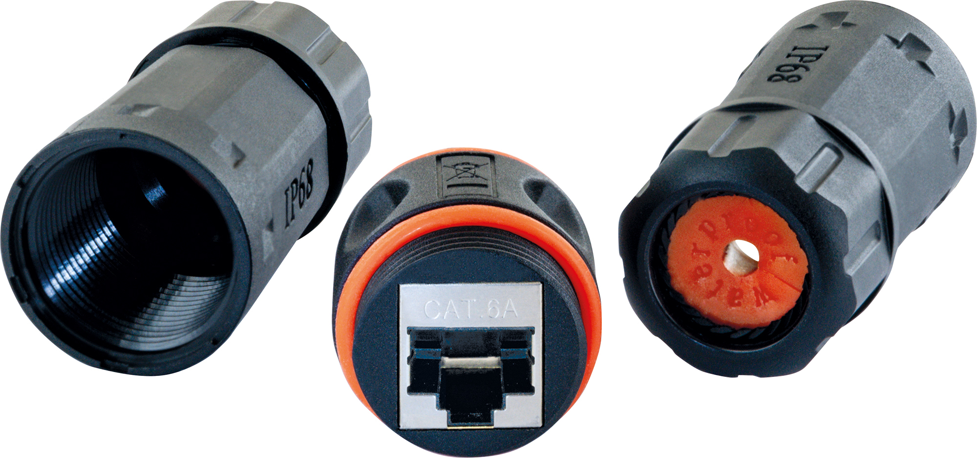 Drei schwarze RJ45-Steckverbinder, CAT6A, IP68-zertifiziert, mit orangefarbenen und schwarzen Details.