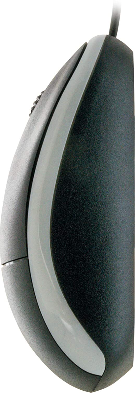 Schwarze und silberne Computermaus. Seitenansicht.
