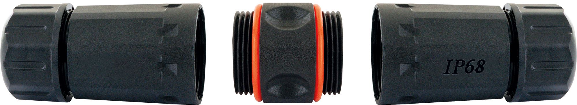 Drei schwarze Verbinder mit orangefarbenen Ringen. Sie sind auf weißem Hintergrund.