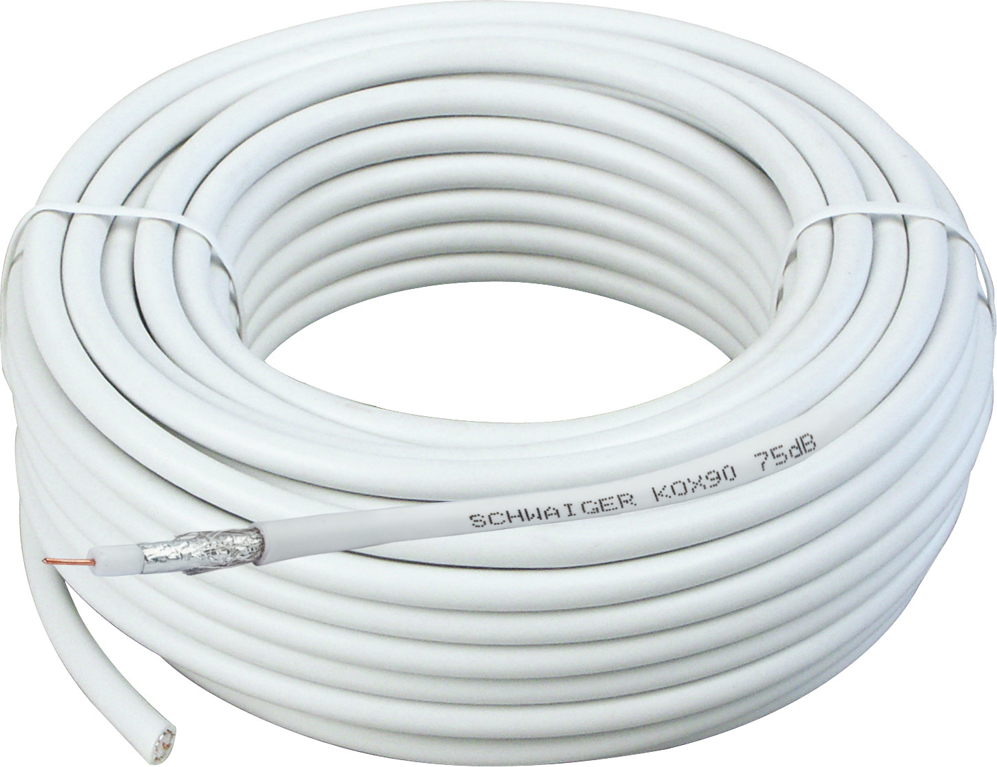 Ein weißes Koaxialkabel aufgerollt. Das Kabel hat einen sichtbaren silbernen Kern und ein weißes Äußeres.