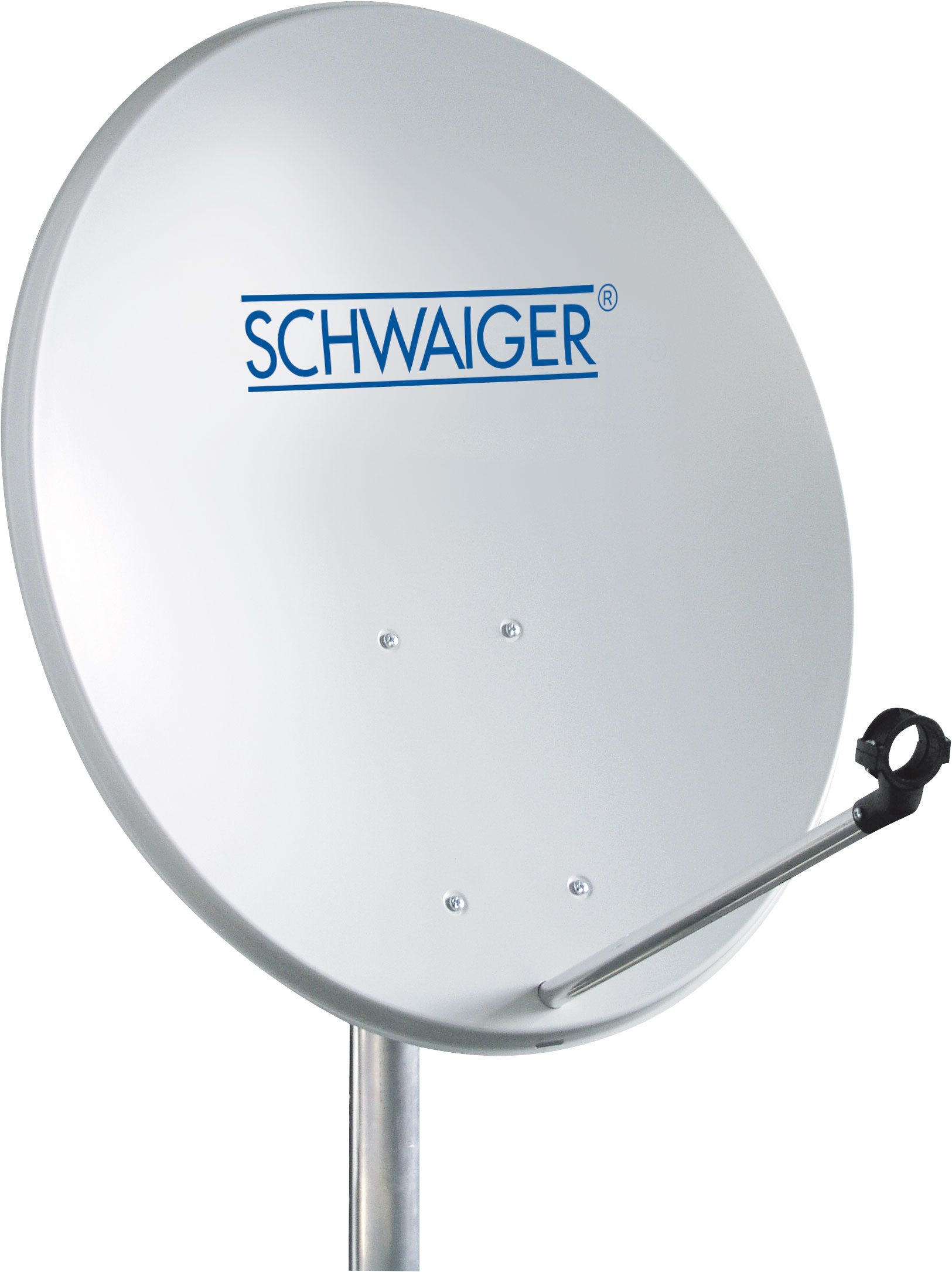 Weiße Satellitenschüssel mit schwarzem Arm und dem SCHWAIGER-Logo.