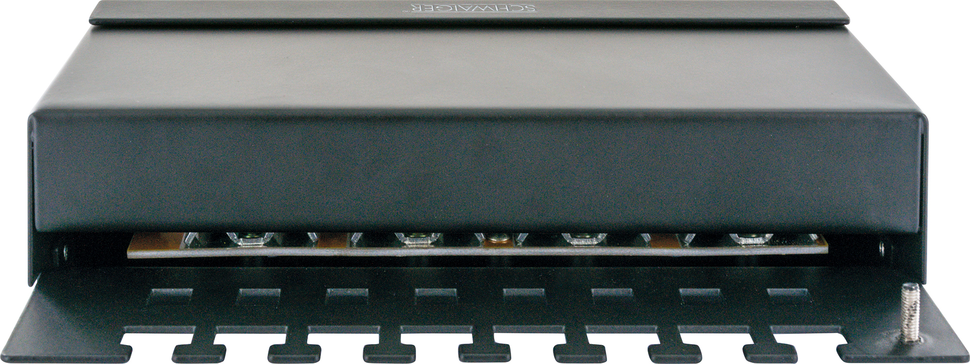 Schwarzes elektronisches Gerät. Es hat eine Metalloberseite mit Markennamen und eine Platine mit vielen Steckern.